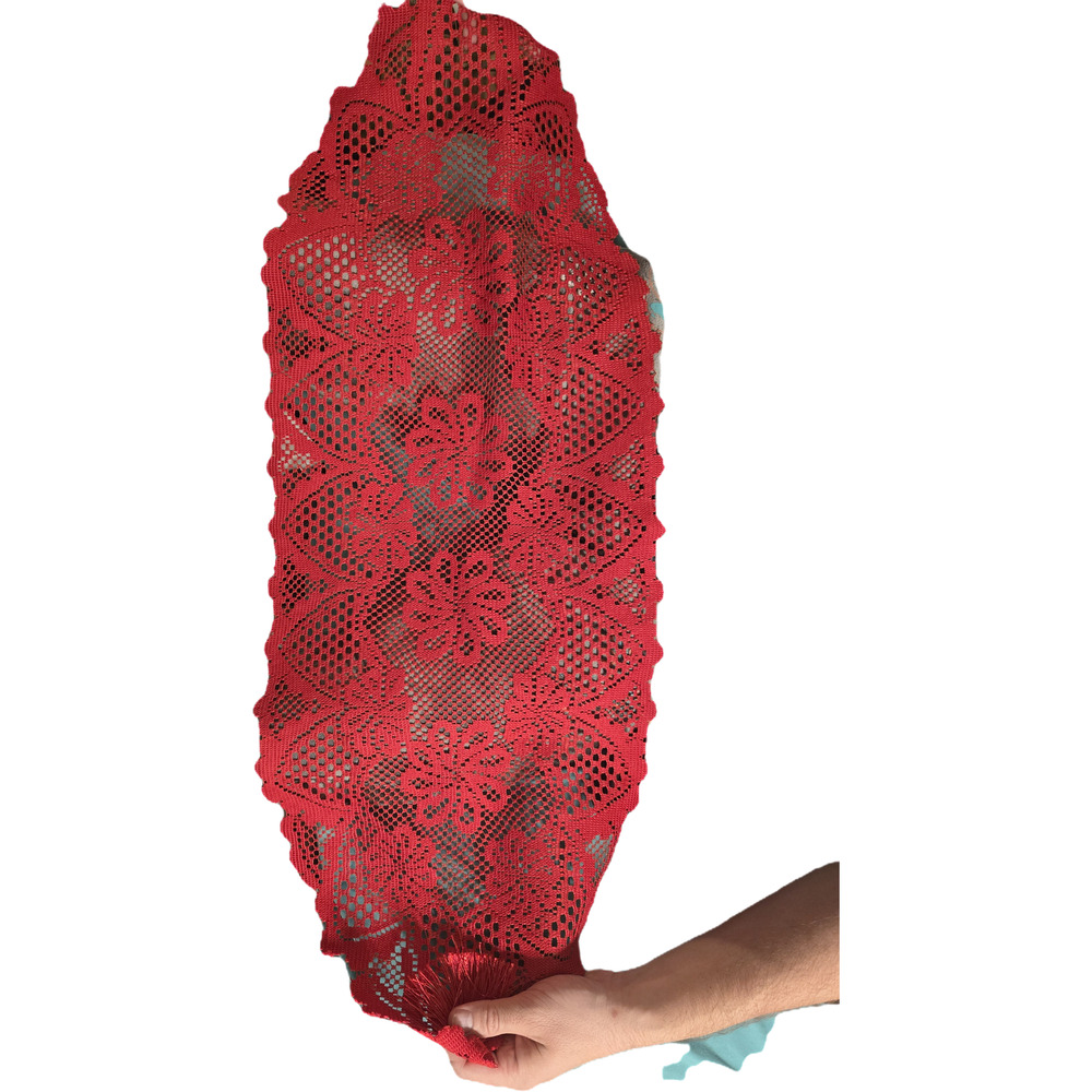 Vintage Red Crochet Lace Table Runner with Tassels
